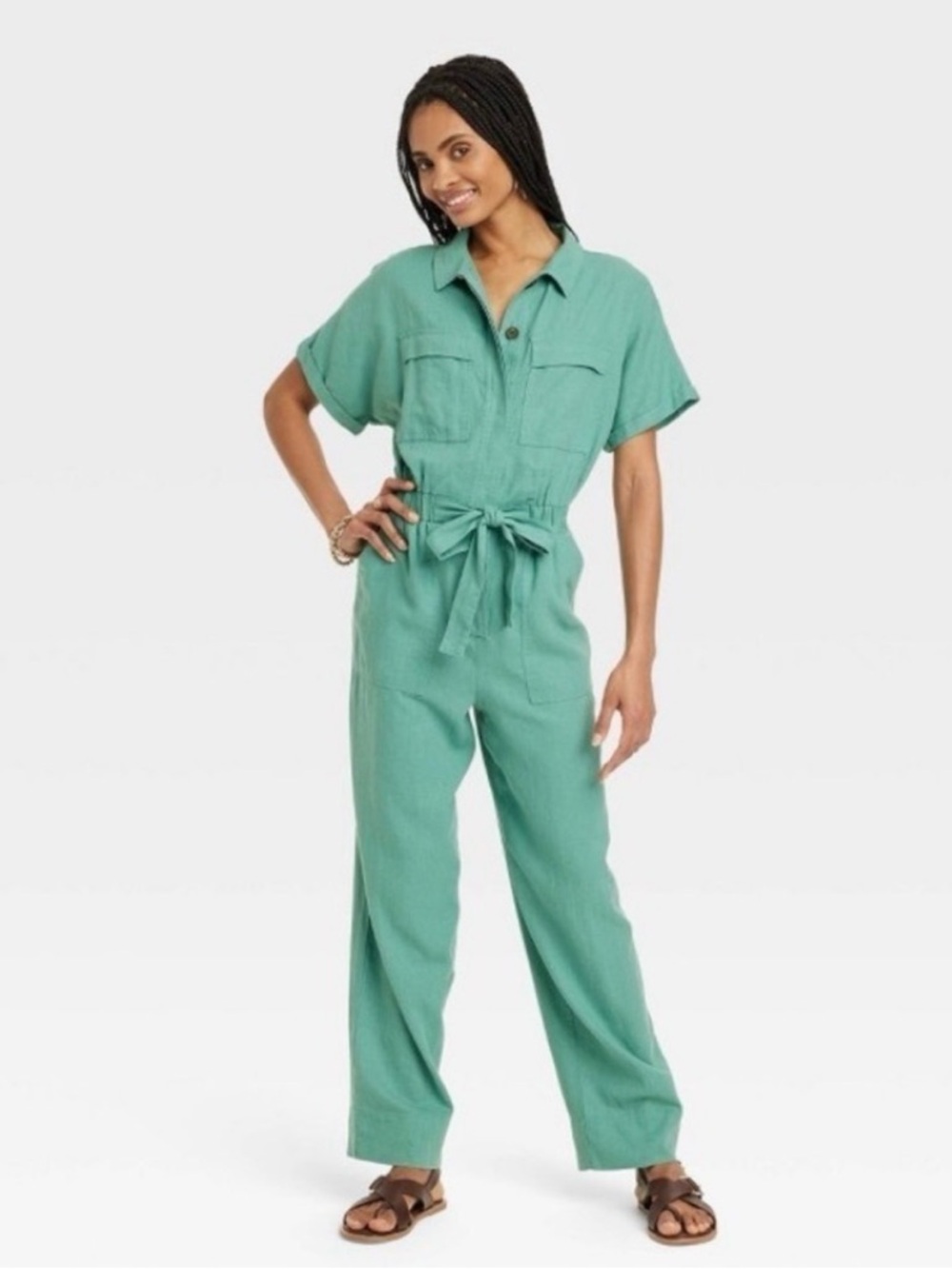 Universal Thread Short-Sleeve Tie-Waist Jumpsuit in Green Button Up Front